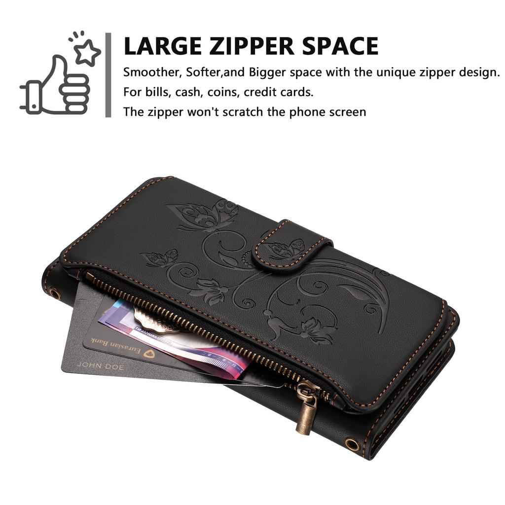 For iPhone 16 Pro Max Leather Case Butterfly Floral Imprint Zipper Wallet Stand Cover with Wrist Strap