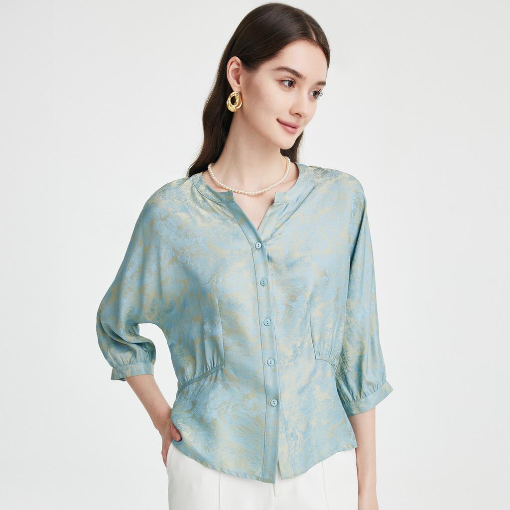 23 MM Jacquard] Spring and Summer V-neck Western Style Gentle Temperament Comfortable Skin friendly Mulberry Silk T-shirt for Women