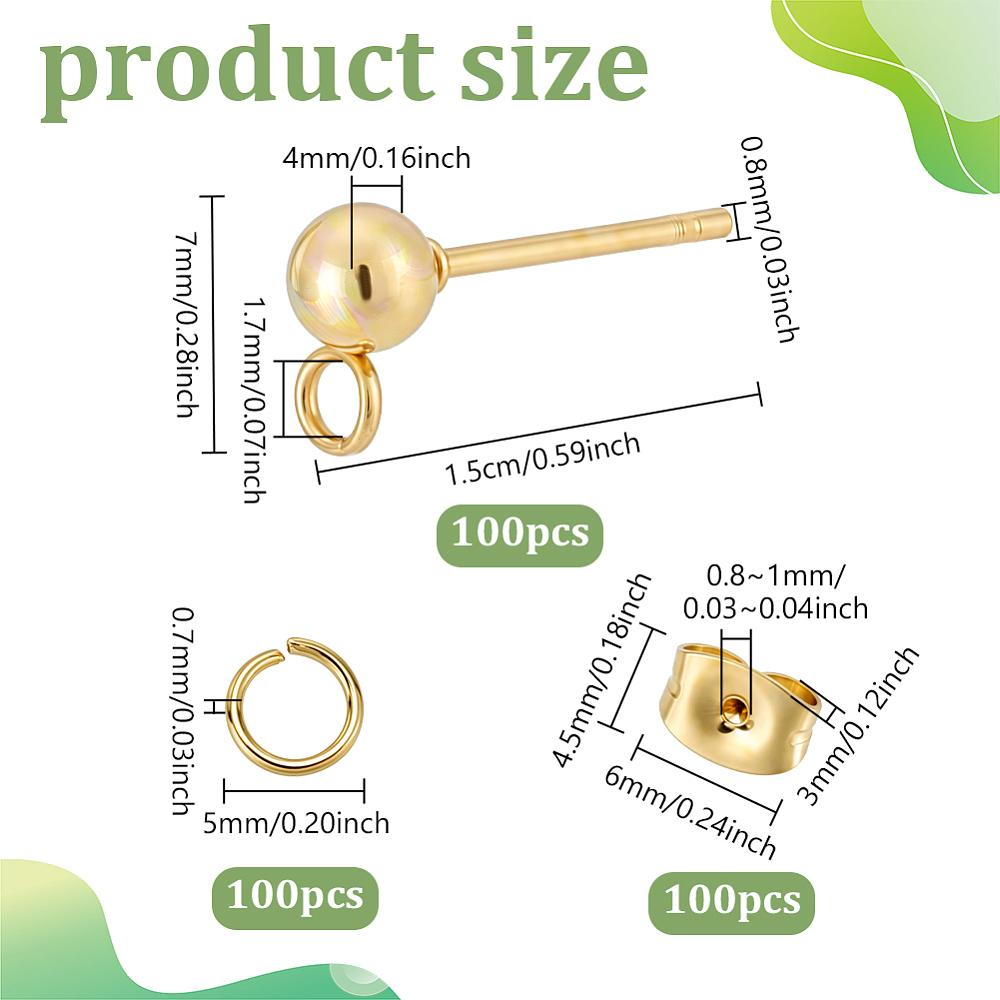 100Pcs 304 Stainless Steel Ball Stud Earring Findings with Horizontal Loops & 100Pcs Ear Nuts & 100Pcs Open Jump Rings Golden 15x7x4mm Hole: 1.7mm