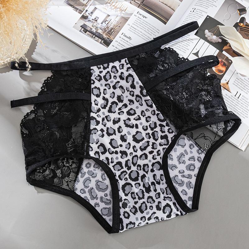 Damen Frühling und Sommer Sexy Spitze Leopardenmuster mit hohlem hohlem atmungsaktivem hohen Bund reiner Baumwollschritt Unterwäsche