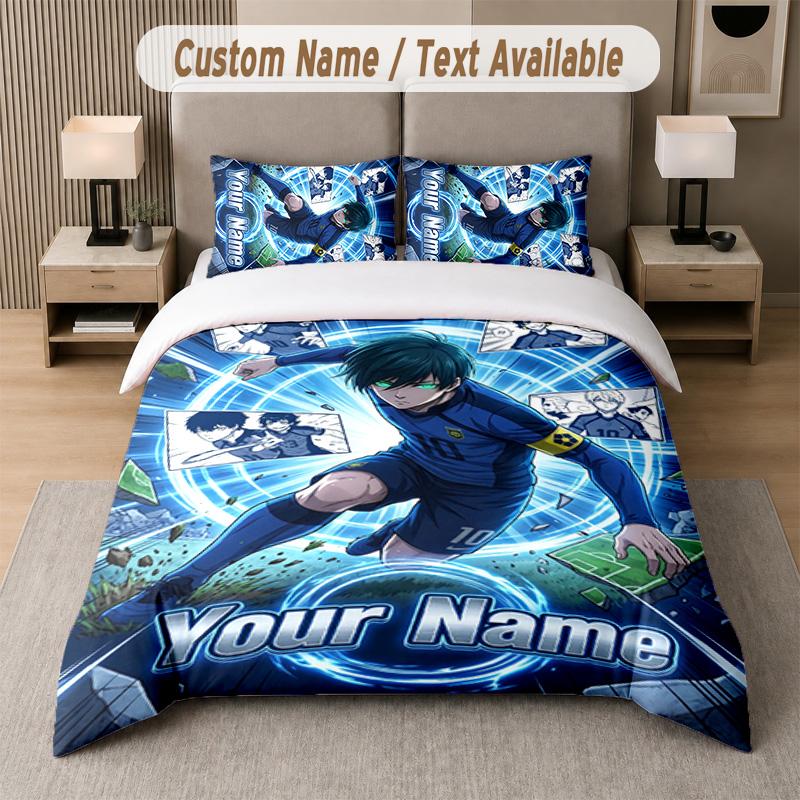 Blue Lock 3Pcs Bedding Set, Personalized Custom Name Text, 1 Duvet Cover & 2 Pillowcases For Bedroom