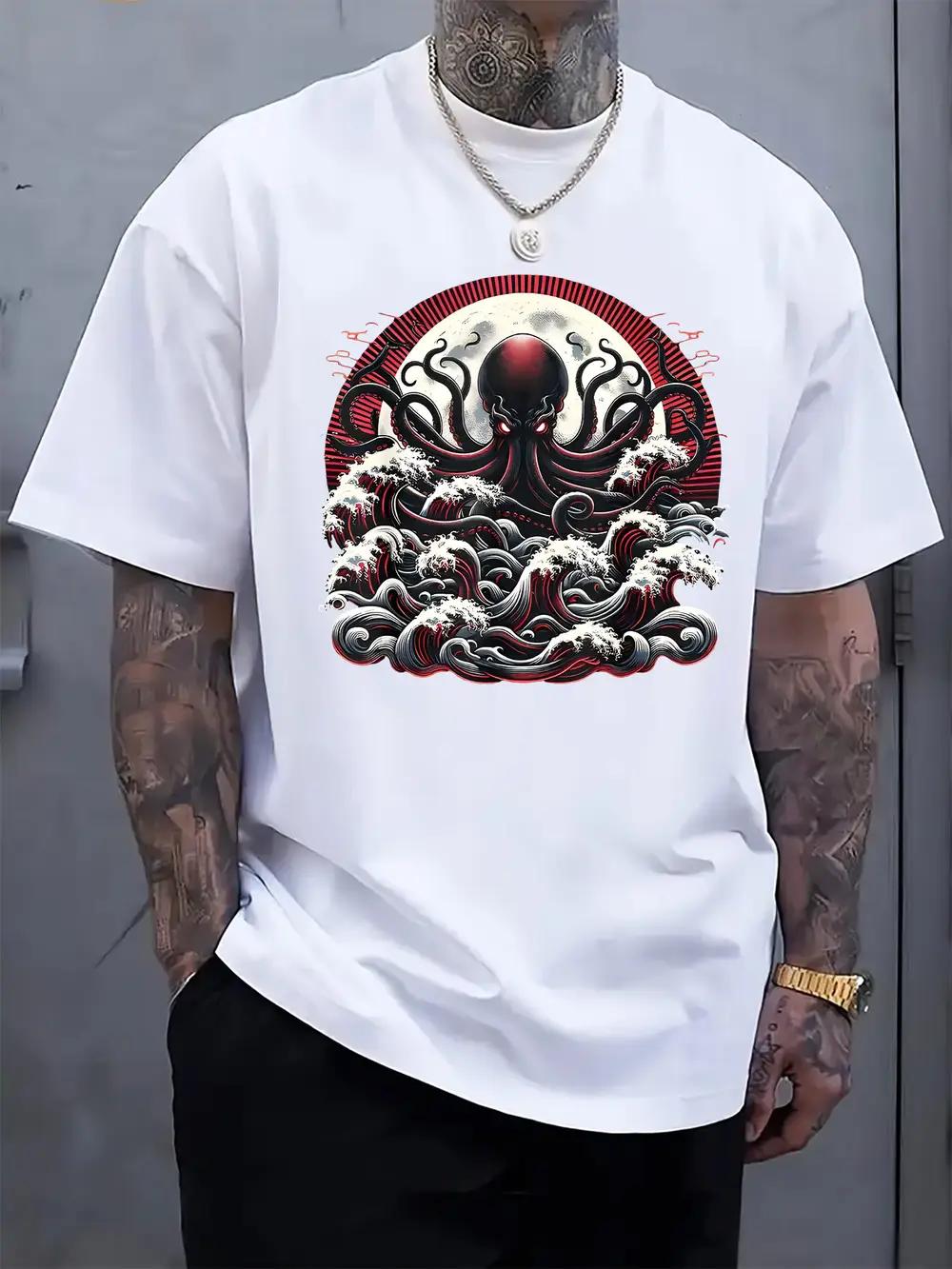 Octopus & Waves Graphic Print T-shirt - 95% Polyester 5% Elastane Blend M