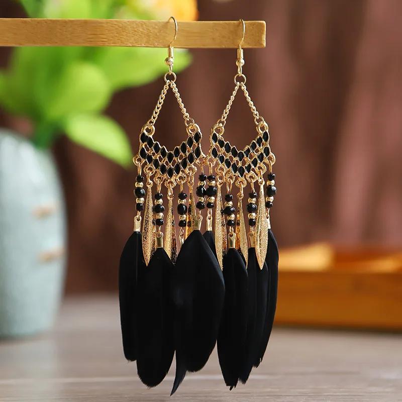 Bohemian Ethnic Feather Dangle Earrings For Women Trendy Long Tassel Colorful Beads Drop Earrings Girl Female Boho Jewelry