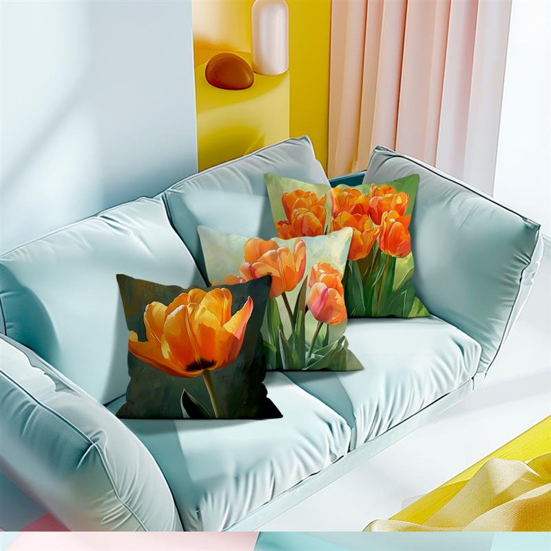 1 Pc Elegant Tulip Flower Polyester Throw Pillow Cover Sofa Couch Art Painting For Living Room Cushion Cover Modern Home Decor