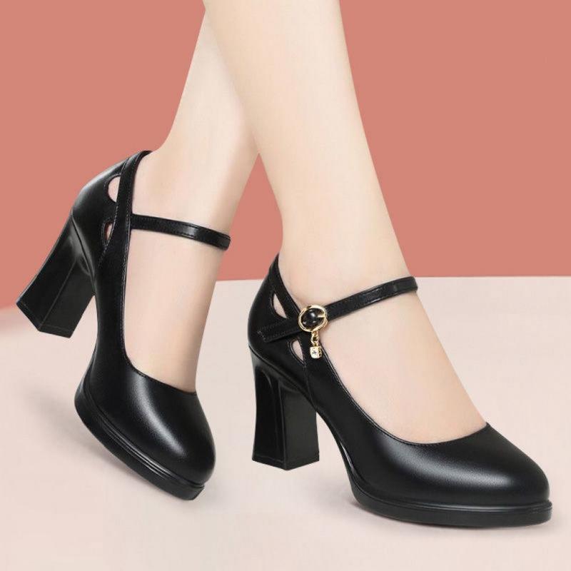 

Черные профессиональные рабочие туфли женские модель ципао подиум высокие каблуки платформа водонепроницаемая платформа средний каблук одинарные туфли кожаные туфли 42