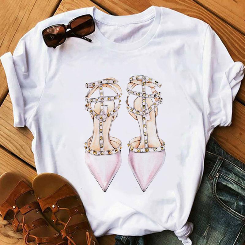 New Women's T-Shirt Pink High Heel Top Female T Shirts Lady Luxury Make Up Paris Style Shirt Harajuku Summer Tops Short Clothes
