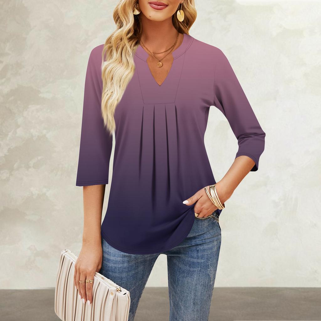 Damen Siebenviertelärmel Tops Lässig V-Ausschnitt Brustrüschen Einfarbig Locker T-Shirt Tops