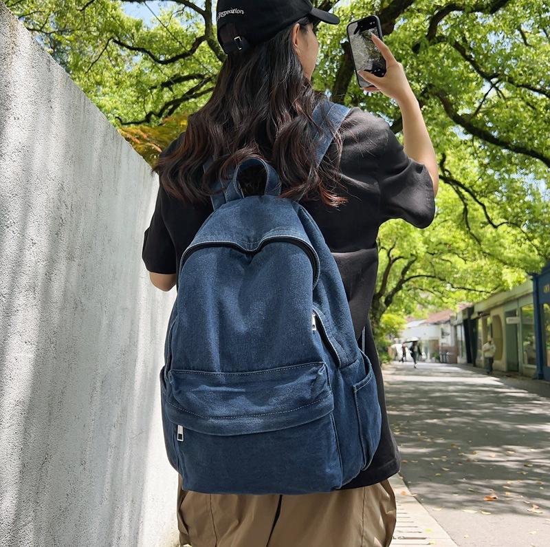 Schoolbag Hong Kong Style Denim Backpack Women's Fashion Autumn New Products Large Capacity Versatile Lightweight Backpack Student School Bag