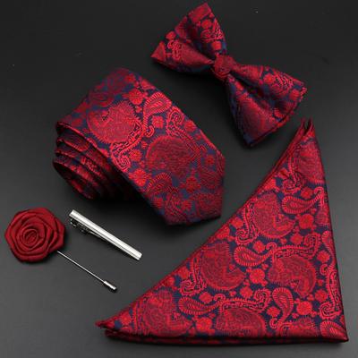 Men Tie Set, Jacquard Woven Necktie, Bowtie Tie Clip,Red, For Groom, Business Wedding Party