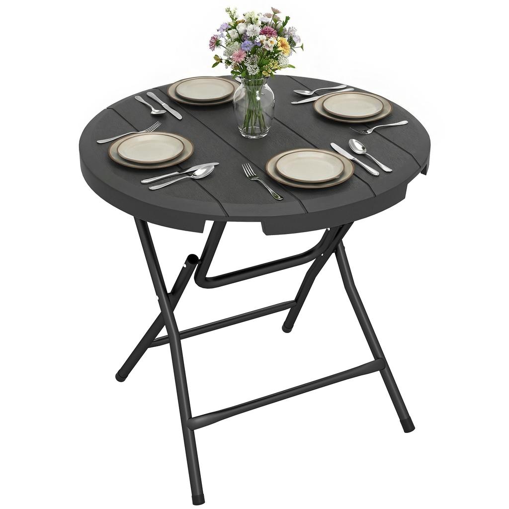 Foldable Round Garden Table for 4, Outdoor Dining Table with HDPE Tabletop and Steel Frame, 80 x 80 x 73 cm, Dark Grey