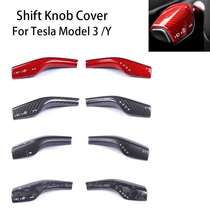 2Pcs Real Carbon Fiber Steering Wheel Whift Protection Cover  For Tesla Model 3 Y Car Column Shift Knob Cover Decor Accessories