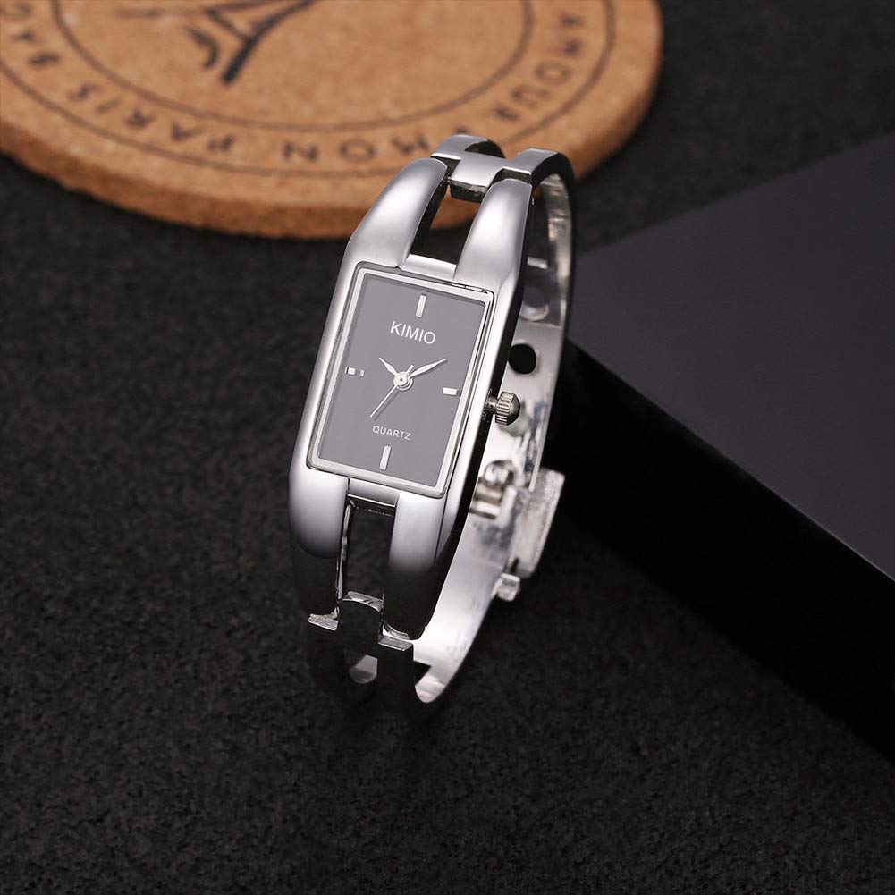 Women's Square Face Stainless Steel Bracelet Watch, Simple, Waterproof, Cute, Silver-Black