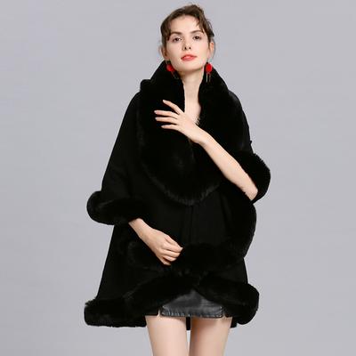 Poncho Mantella Lunga in Maglia a 2 Strati Calda Invernale Grigio Nero con Pelliccia Sintetica di Volpe Collo Ampio in Pelliccia Donna Cardigan Largo Cappotto Streetwear