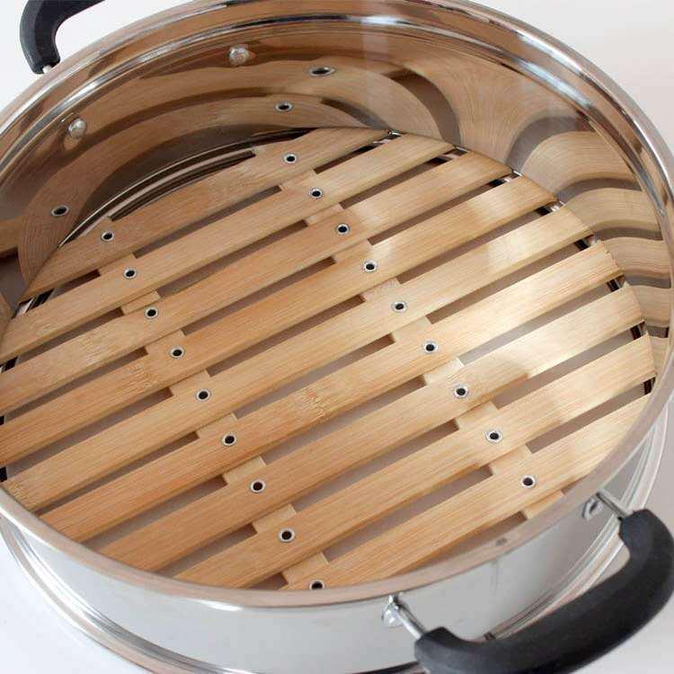Thickened Bamboo and Stainless Steel Steamer Basket with Trivet and Steaming Rack