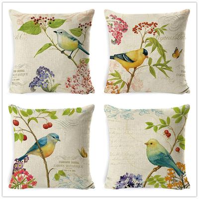 Village Style Rural Flower And Bird Sofa Pillow Cover Linen Spring Cushion Cover Car Waist Backrest Cover