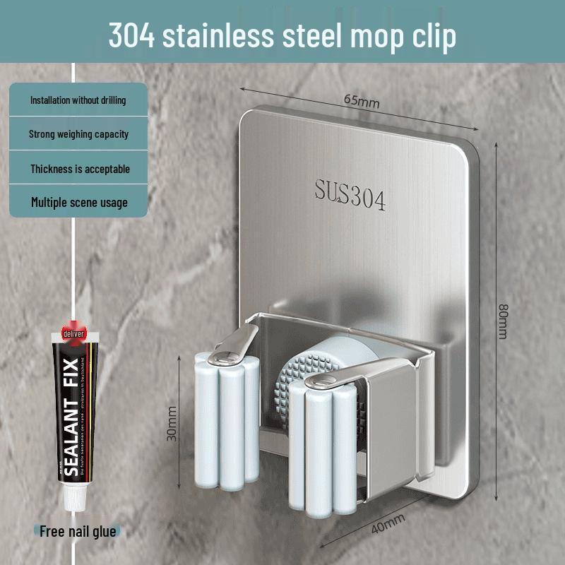 

Punch-Free Wall-Mounted Mop Rack Clip, Strong Bathroom and Kitchen Storage Organizer