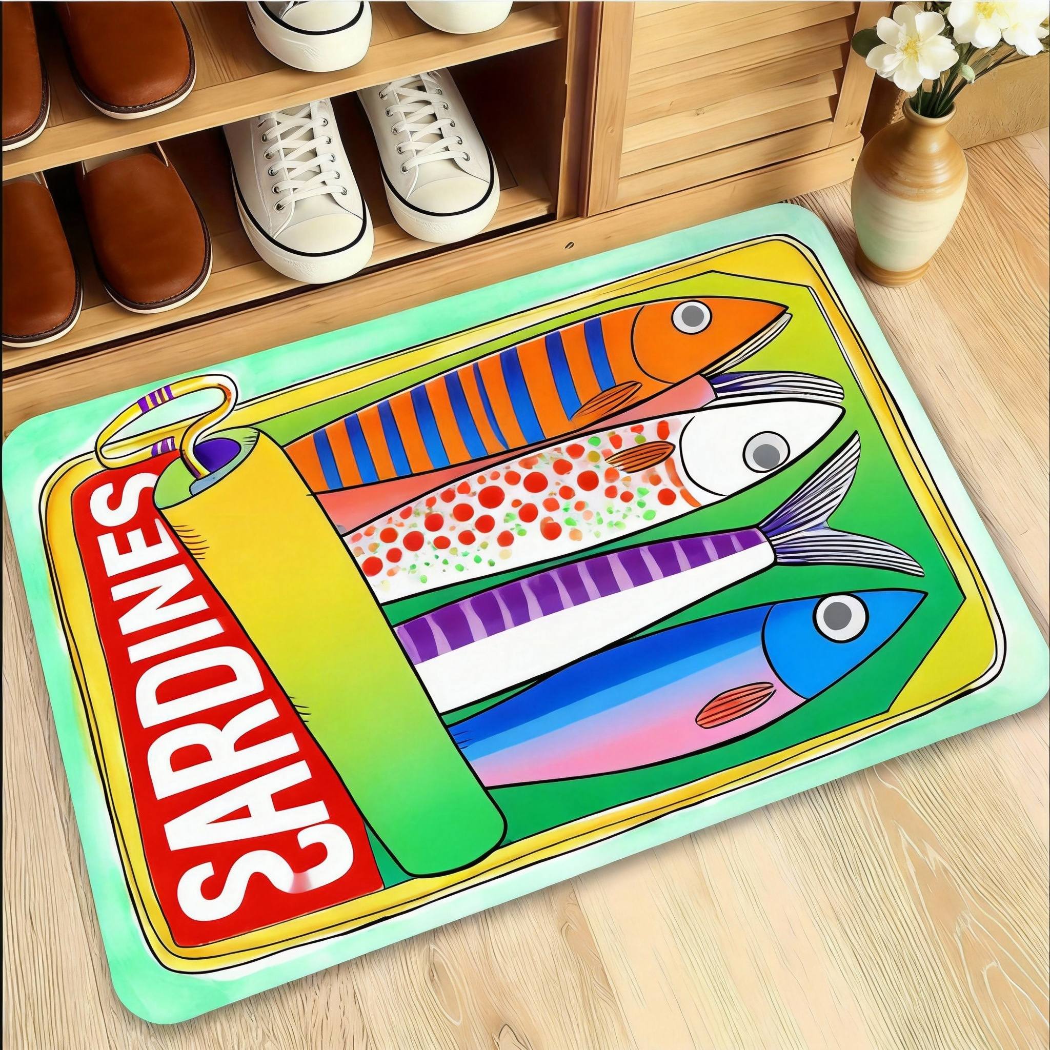 Sardineblik Deurmat Handgeschilderd Visontwerp met  SARDINES  Tekst, Speelse Keukenthema Vloermat voor Entree en Woonkamer 60x90cm24x35in
