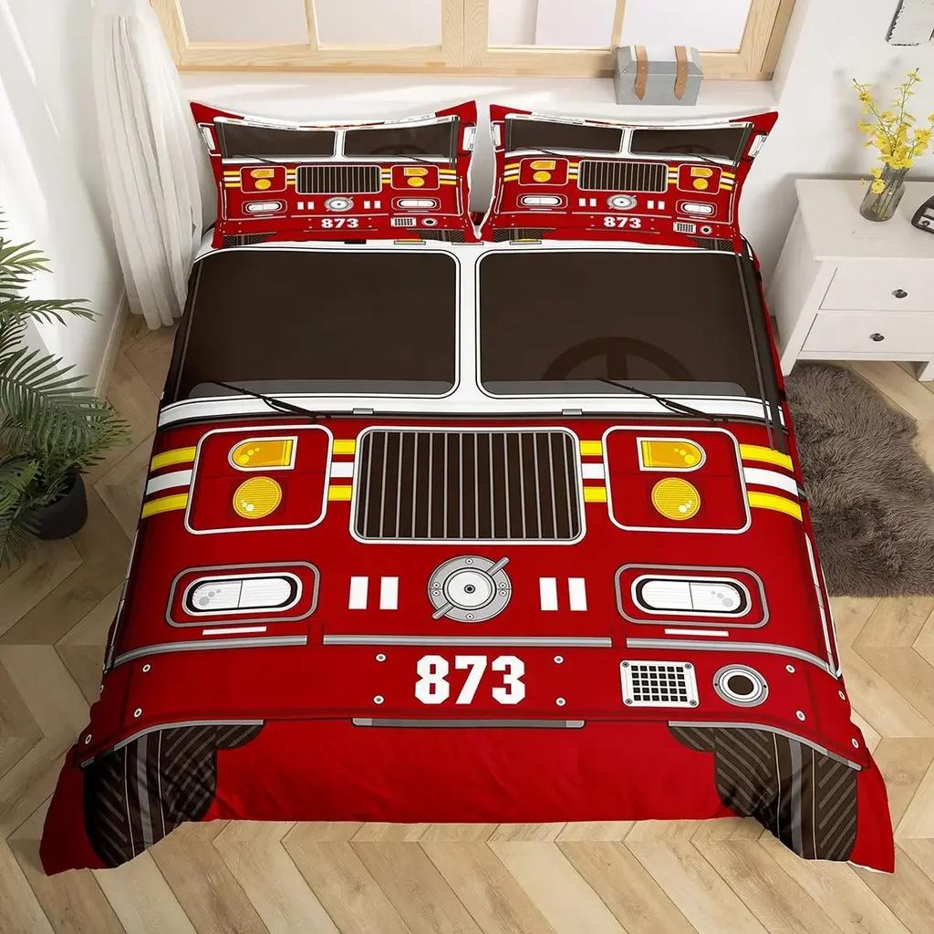 Camion dei Pompieri Rosso Auto dei Pompieri Copripiumino Confortevole Copricuscino Set Biancheria da Letto Decorazione Camera da Letto Bambini Tessile per la Casa