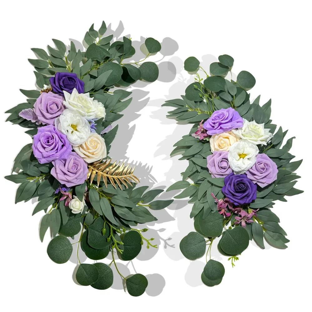 

70x50СМ Искусственный Эвкалипт Фиолетовая Роза Украшение на Спинку Стула Высококлассное Ощущение Свадебный Стол Лестница Декор Ручная Работа DIY A246 фиолетовый