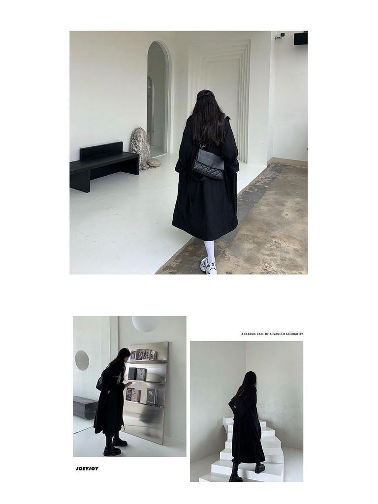 2025 New Korean Style Women's Color Block Mid-Length Trench Coat - Black Casual Spring/Autumn Wear