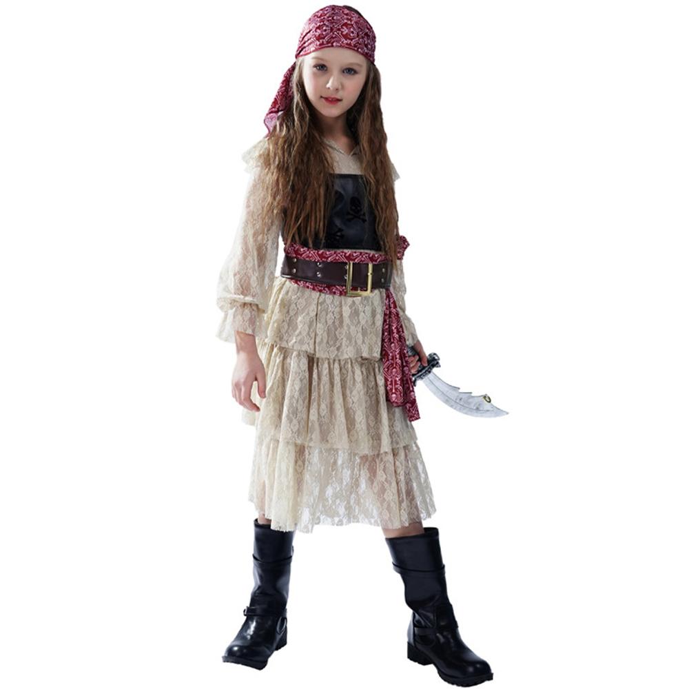 Carnival Vintage Pirate Costume Dress Medieval Buccaneer Outfit With Lace Dress Vest Belt Headscarf For Halloween Theme Party