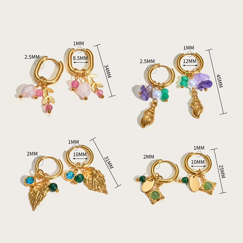 18K Gold Plated Stainless Steel Hoop Earrings for Women Vintage Green Natural Stone Charms Trendy Waterproof Jewelry