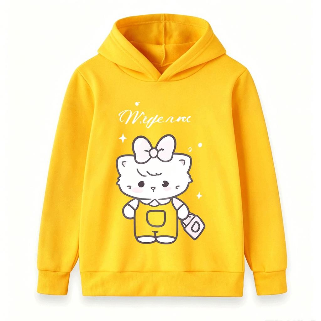 Cute Cartoon White Kitten Print Kids Hoodie, Soft Cozy Pullover Sweatshirt for Boys Girls, Casual Long Sleeve Top for Daily Wear Autumn Winter