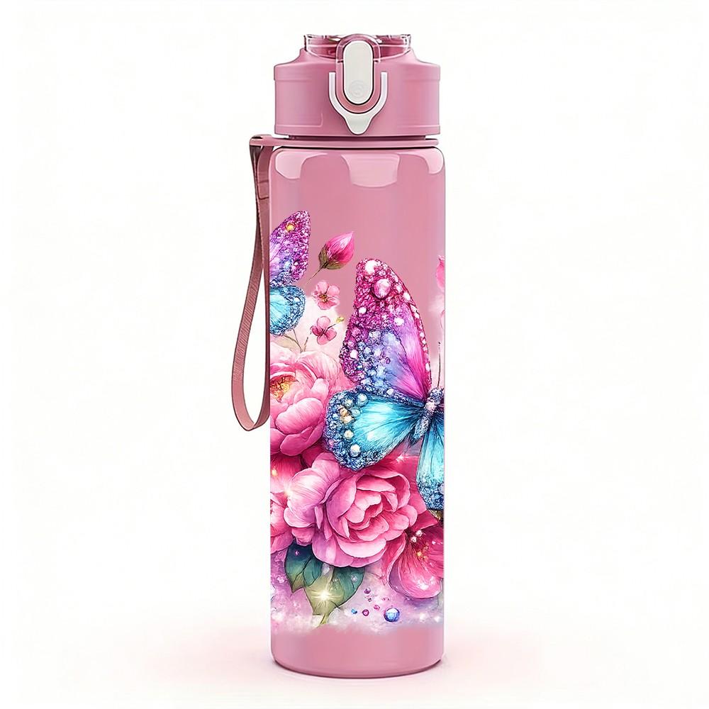 1PC Pink Rose Boho Floral Bouquet Art 750ml Color Plastic Sports Water Bottle Leakproof Flip Straw Lid Suitable for Sports Office Home Use