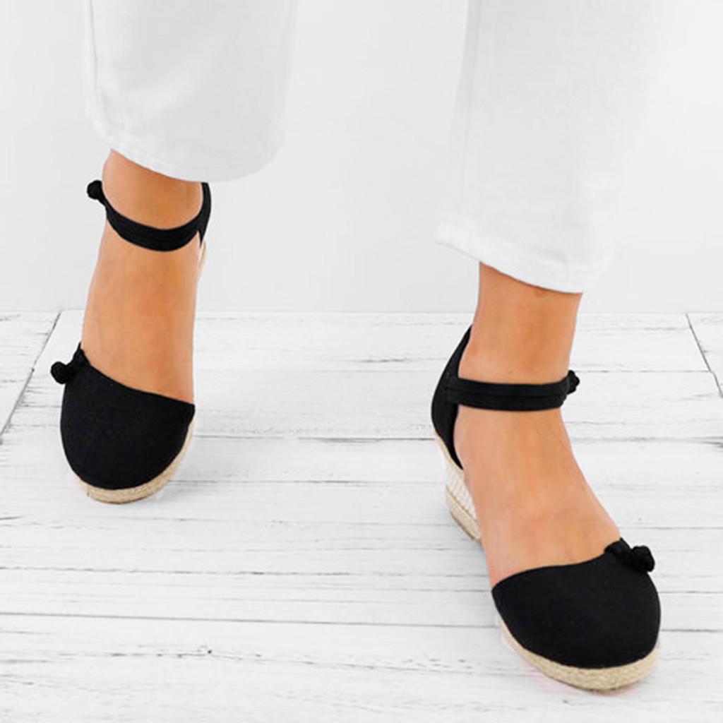 Moteriški, retro stiliaus lininiai drobiniai pleištiniai, apvalūs, laisvalaikio sandalai vienviečiai batai