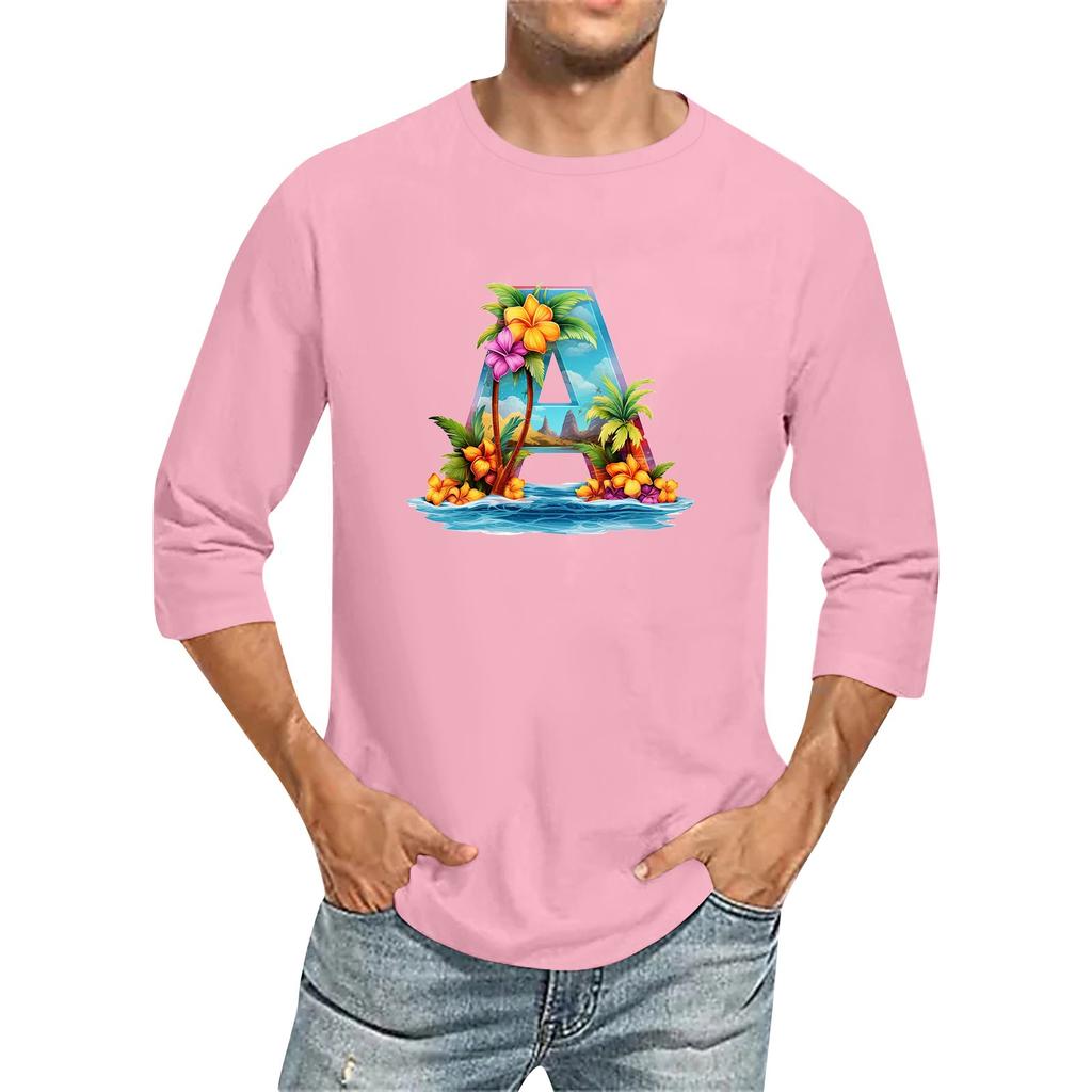 Camiseta de manga tres cuartos con cuello redondo y color liso para hombre