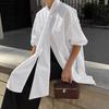 Lazy Wind Loose Lace-up White Shirt Women's 1116 Autumn European and American Medium and Long Streamer Collar Long-sleeved Top