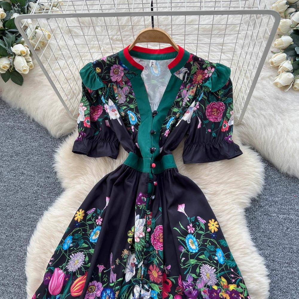 Vestidos de Pasarela Estampado Vintage de Verano para Mujer Cuello en V Mini Corto de Fiesta