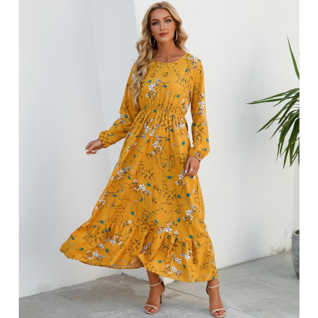 Women's Fashion Summer Spring Floral Print Long Sleeve O-Neck High Waist Casual Dresses