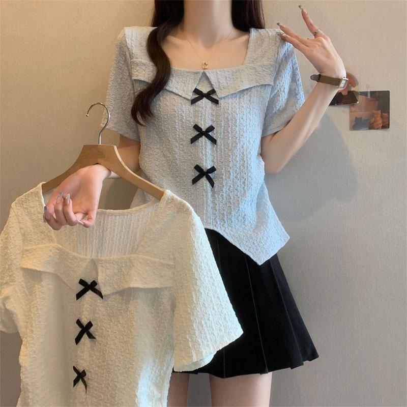 Damenbekleidung Pullover mit eckigem Ausschnitt Stilvoll Süße Schleife Sommer Elegant Slim Kurzarm Basic Einfarbig Unregelmäßige T-Shirts