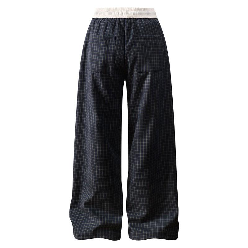 Unisex Navy Blue Plaid Cotton Loose Straight Leg Pants Lightweight Casual Trousers Teens Adults