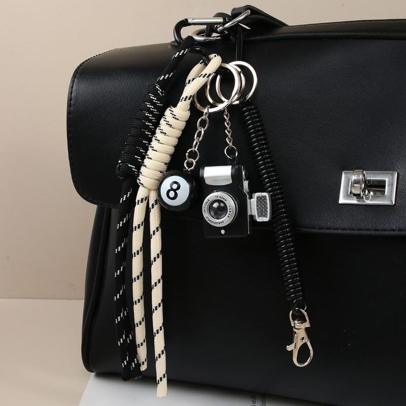 Cute Bag Pendant Keychain With Mini Camera 8 Ball Pendant Braided Strap For Handbags Backpacks Keys Decor