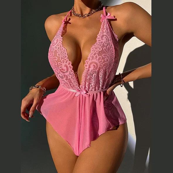 Women Sexy Lace See Through Nightie Bodysuit Halter Sexy Lingerie Backless Perspective Crotchless Jumpsuit Female Mini Skirt
