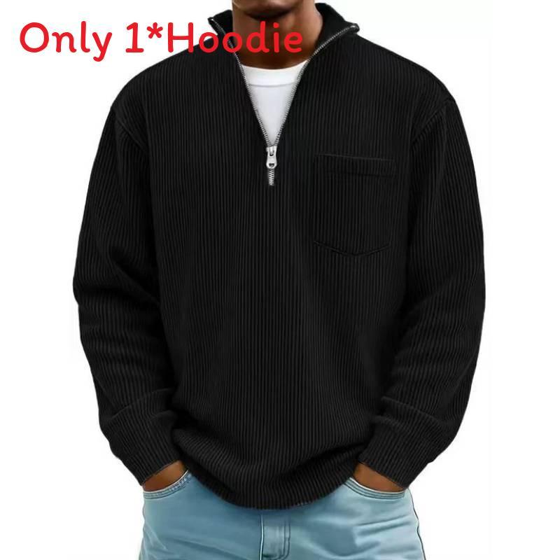 Felpa con cappuccio in velluto a coste stile urbano con cerniera da uomo per l'autunno, abbigliamento casual