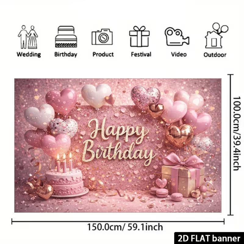 2D Shiny Pink Glitter Happy Birthday Backdrop Banner Party Decoration for Girls