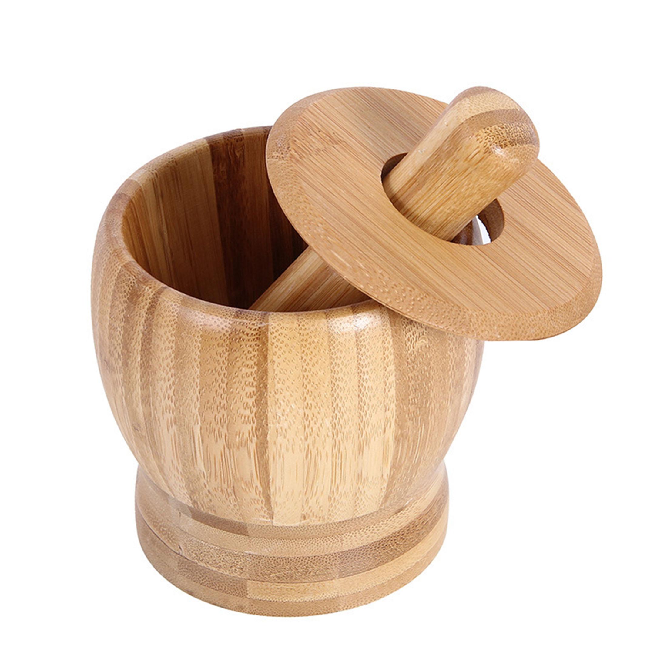 Bamboo Mortar and Pestle with Splash-Proof Lid, Solid Bamboo Grinder Bowl for Garlic Ginger Spice Herb Nut, Manual Grinding Tool for Kitchen Cooking