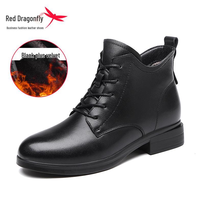 Girls 2025 Red Dragonfly Genuine Leather Winter Boots - Stylish Velvet-Lined Martin Cowhide Short Boots 38 чёрный