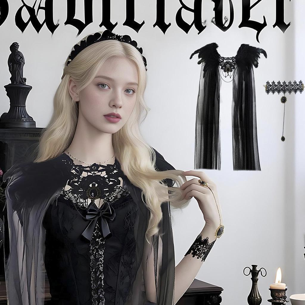 Halloween Cloak Black Feather Mesh Cloak Medium Dress Jewel Bracelet Stage Party Dance