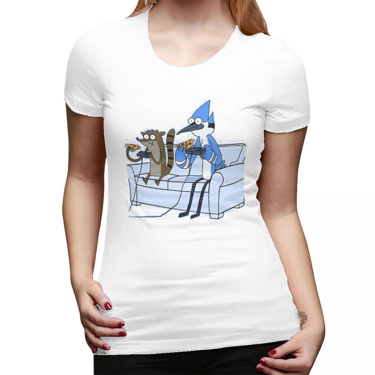 

Mordecai And Rigby Pizza And Video Games TShirt for Women Round Neck Streetwear T Shirts Womens Tees Short Summer Clothes Tops S