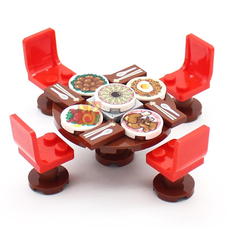 MOC City Street Figures View Printing Food Dessert Traditional Chinese Cuisine Building Blocks Monitor Eyes Briks Printed Toys