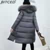 BITCED Autumn/Winter Women's Long-Length Cotton Coat with Hood and Large Fur Collar Down-Filled Cotton-Blend Padded Jacket