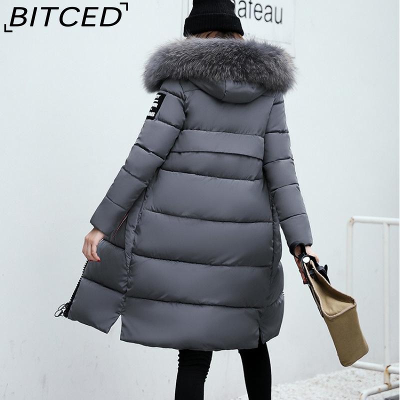 BITCED Autumn/Winter Women's Long-Length Cotton Coat with Hood and Large Fur Collar Down-Filled Cotton-Blend Padded Jacket