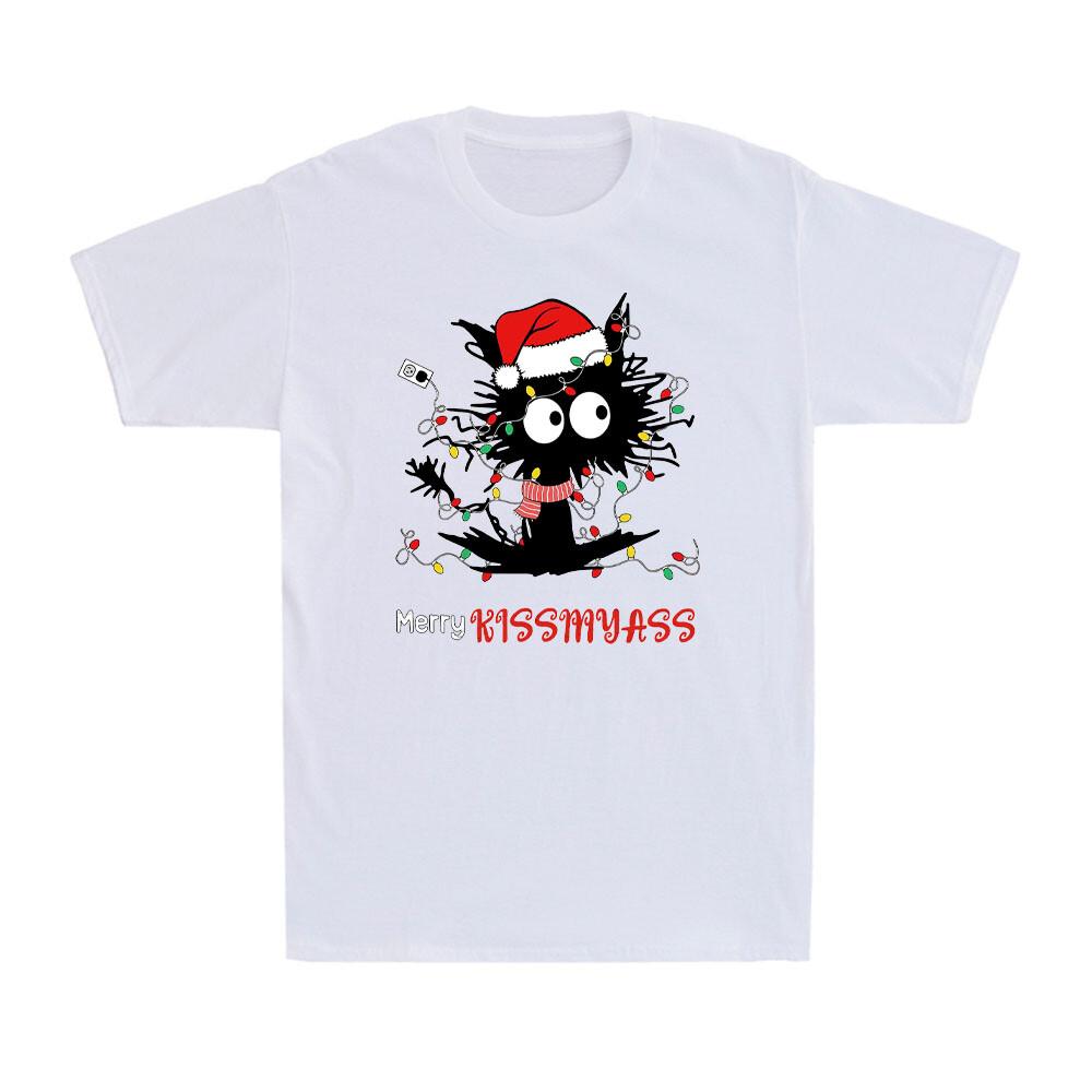 Merry Kissmyass Merry Christmas Black Cat With Christmas Lights Men s T-Shirt XXL
