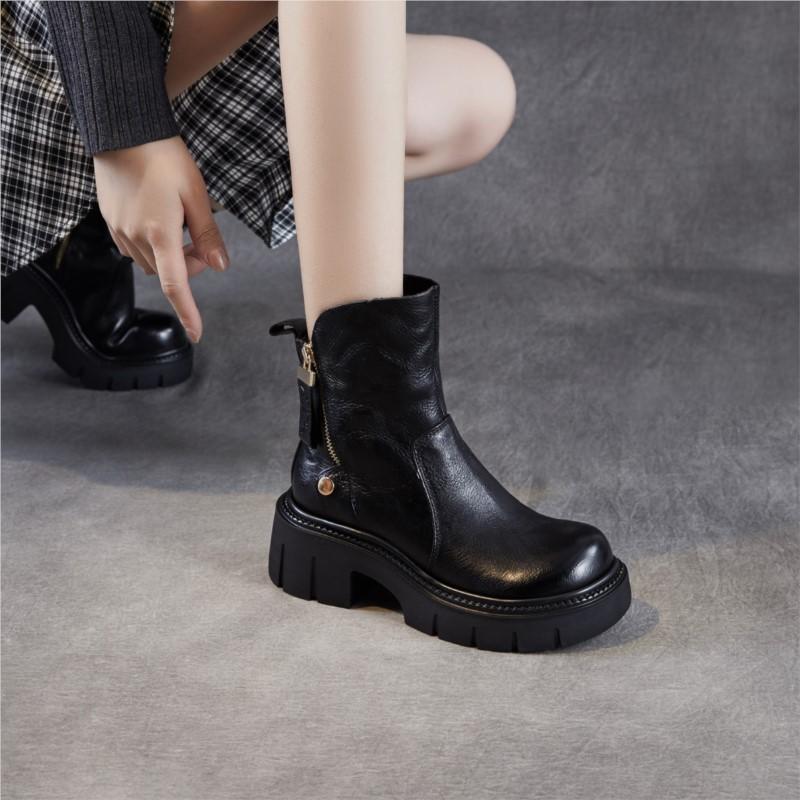 Johnature Retro Thick Soled Side Zipper Women's Short Boots Genuine Leather Knight Boots