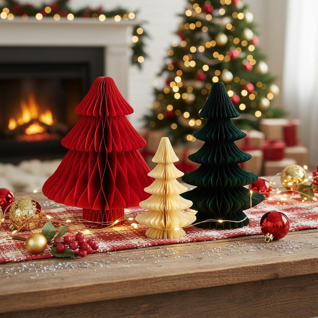 Honeycomb Paper Christmas Tree 2pcs/3pcs 3D Paper Trees Centerpiece Rustic Reusable for Mantel Xmas Tabletop Centerpiece
