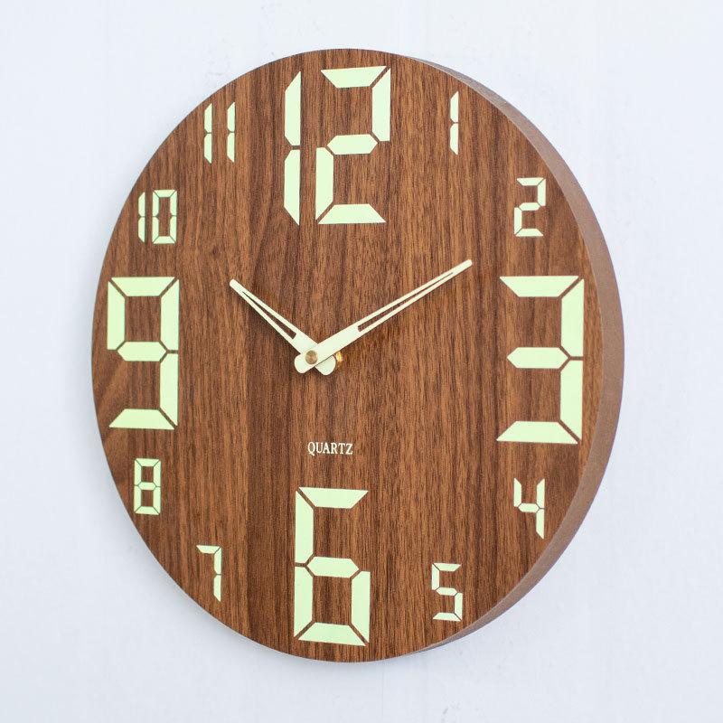 Luminous wooden wall clock, silent  wood grain, creative and light luxury style, living room simple quartz clock, 30cm